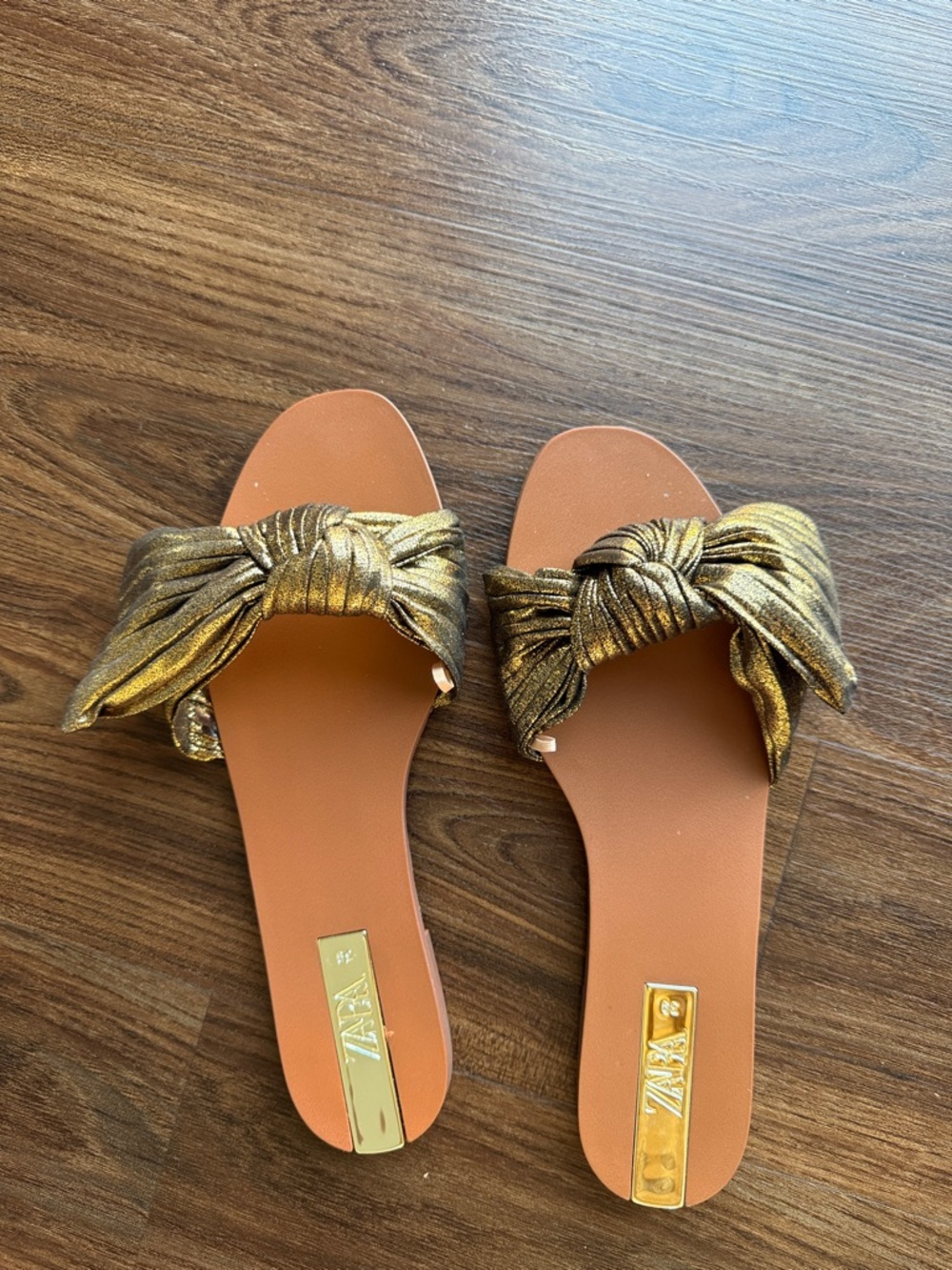 Zara Metallic Gold Knotted Slide Sandals